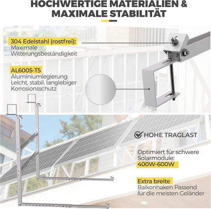 GLIESE Balkonkraftwerk Halterung,Solarmodulhalterung für 400W-550W - 15°-45° verstellbar aus stabilem Aluminium, inkl.Haken für Quadratprofil-Geländer - Für Balkon, Flachdach, Wand (Silber)