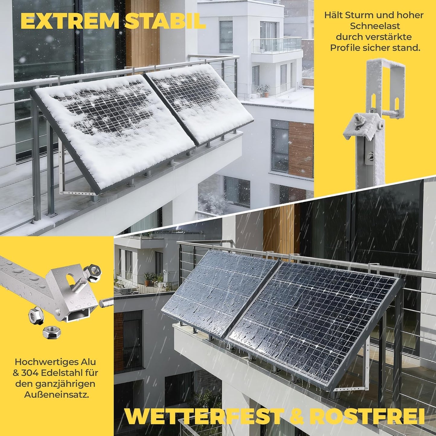 GLIESE Balkonkraftwerk Halterung,Solarmodulhalterung für 400W-550W - 15°-45° verstellbar aus stabilem Aluminium, inkl.Haken für Quadratprofil-Geländer - Für Balkon, Flachdach, Wand (Silber)