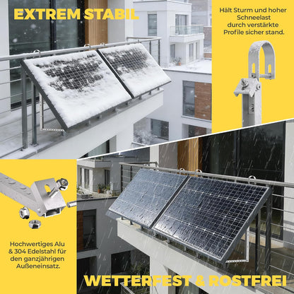 GLIESE Balkonkraftwerk Halterung | Solarmodulhalterung für 400W-550W - 15°-45° verstellbar aus stabilem Aluminium, inkl. Haken für rundes Geländer - Für Balkon, Flachdach, Wand (Silber)