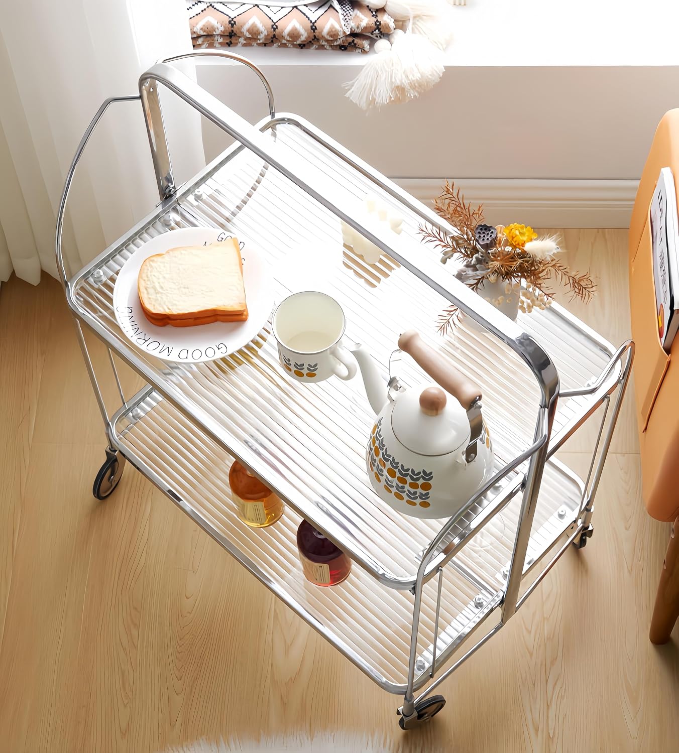 GLIESE Servierwagen Klappbar Mit Rädern,2 Tier Clear Tempered Glass,Mobiler Aufbewahrungs-Klappwagen,KüChenrollwagen, Barwagen Teewagen,Weinwagen Servierwagen,GeträNkewagen